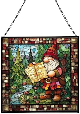 Gnome with Treasure map Stained Glass Suncatcher – Square Hanging Window Panel for Home, Garden, Nursery, Halloween, Christmas, Memorial Day – Whimsical Glass Art Gift for Gnome Lovers lfqkjl by Custom