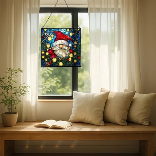Holiday Lights Gnome Stained Glass Suncatcher – Square Hanging Window Panel for Home or Greenhouse – Whimsical Glass Art Gift for Garden Lovers, Christmas, Halloween, Father Days xzZh6D - Image 7