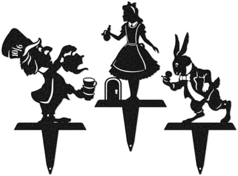 RealSteel Storybook Metal Garden Stakes, Set of 3, Curious Girl, White Rabbit and Mad Hatter Tea Party Yard Art Silhouettes, Handcrafted in Texas, Black by RealSteel