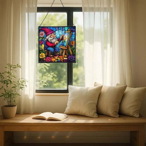 Painter Gnome at Work Stained Glass Suncatcher – Square Hanging Window Panel for Home or Greenhouse – Whimsical Glass Art Gift for Garden Lovers, Christmas, Halloween, Father Days qzln3W - Image 7