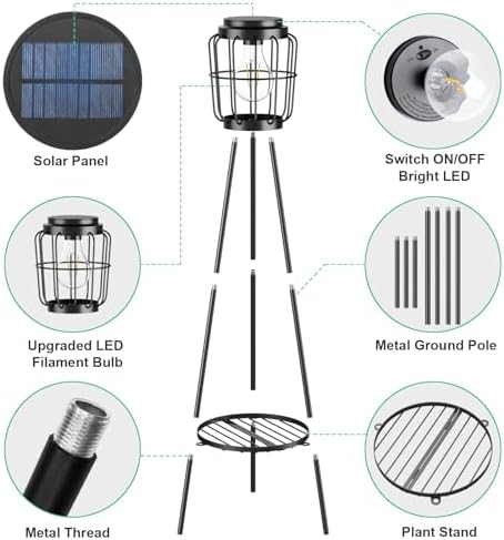 MXwcy Solar Lights Outdoor with LED Edison Bulbs, Solar Floor Lamp with Plant Stands for Garden Yard Pathway Driveway Front/Back Porch Decoration - Image 4