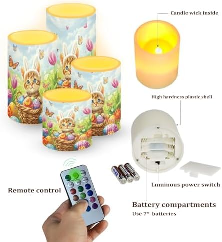 Easter Eggs Battery Operated Candles with Timers Cute Cat Flameless Candles with Remote Outdoor Lanterns for Porch LED Lights for Easter Day Party Home Decorations - Image 2