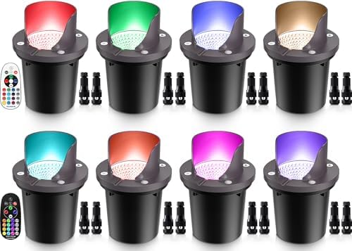 SUNVIE RGBW Low Voltage Landscape Lighting Color Changing 12W Waterproof Well Lights Landscape LED In Ground 12-24V Dimmable Paver Lights with Connectors for Pathway Garden Yard Fence Deck, 8 Pack by SUNVIE