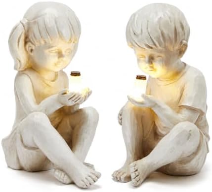 Large Garden Children Statues Light Up Firefly Jar Solar Powered | Set of 2 Figurines | Girl & Boy Garden Yard Art Décor, Indoor & Outdoor Ornament Gifts for Lawn, Patio , 7.5" W x11. 8”H Cream Gift by Gute