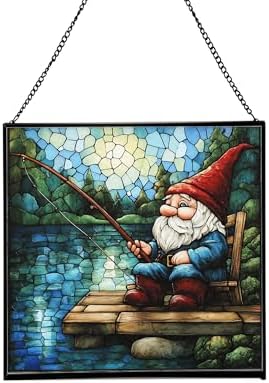 Fishing Gnome by The Lake Stained Glass Suncatcher – Square Hanging Window Panel for Home or Greenhouse – Whimsical Glass Art Gift for Garden Lovers, Christmas, Halloween, Father Days RUy8OS by Custom