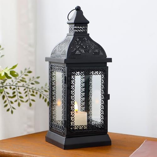 TRIROCKS Rustic Style Metal Candle Lantern 13'' High Decorative Outdoor Lantern Candle Holder with Tempered Glass for Christmas Living Room Garden Patio Parties Indoors Outdoors (Black) - Image 4