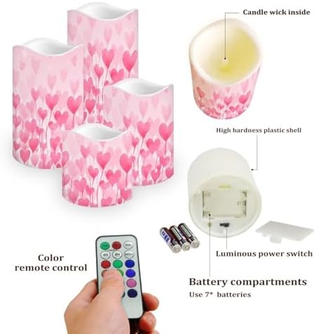 Pink Heart Pattern Flameless Candles with Timer and Color Changing Pillar Candles Battery Operated Tea Light Kitchen Dining House Halloween Decoration - Image 3