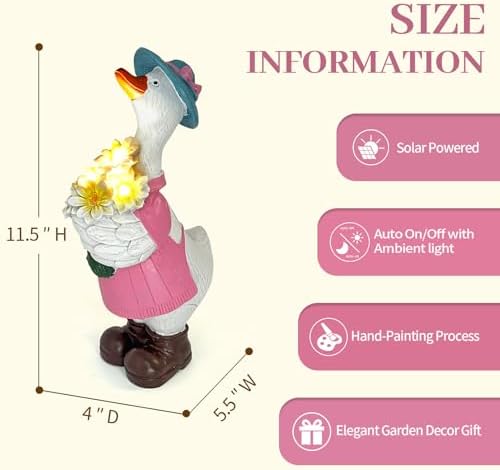Solar Porch Goose Garden Statue with Glowing Flower, 11.5" Solar Duck Garden Decor for Outdoor, Waterproof Animal Figurine with Auto Light for Yard Lawn Patio - Unique Gift for Mom Grandma Women - Image 2