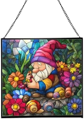 Gnome and Snail Friends Stained Glass Suncatcher – Square Hanging Window Panel for Home or Greenhouse – Whimsical Glass Art Gift for Garden Lovers, Christmas, Halloween, Father Days MKtJDN by Custom