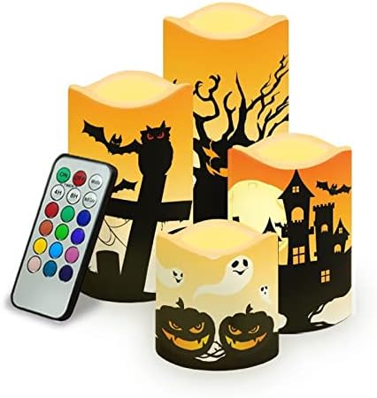 Halloween Flameless Candles with Remote Timer Real Wax Realistic Flickering Battery Operated LED Pillars with Pumpkin Castle Bat Spider Witch for Halloween Party Decorations by HELLHERO