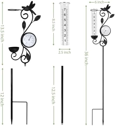 36in Dragonfly Rain Gauge Thermometer Black Metal Garden Stake Decor - Image 2