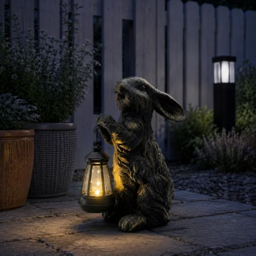 Cute Standing Bunny Statue with Solar LED Lantern, Antique Bronze Finish Resin Rabbit Sculpture, Waterproof Outdoor Garden Ornament, Ideal Gift for Rabbit Lovers, Patio Backyard Home Decor - Image 6