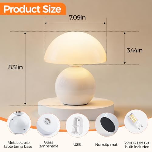 NIORSUN Wireless Mushroom Lamp,3CCT Table Lamp for Bedroom, Portables Cordless Lamps,Wireless lamp,Small Bedside Table Touch Lamps for Living Room,Mushroom 5200mAh Battery Operated Lamp Modern (White) - Image 3