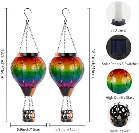 Starsoul 2PCS Hot Air Balloon Solar Lantern Colorful Solar Hot Air Balloon Lantern with Flame Light Waterproof Hanging Outdoor Lantern with Candle Holder for Patio Garden Yard Farmhouse Decor - Image 4