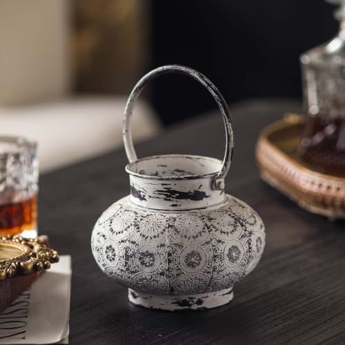 Vintage Metal Candle Lantern with Handle, White, 5.91x4.72 in - Image 3