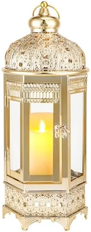 TRIROCKS Moroccan Candle Lantern16'' Gold Hexagonal Candle Holder with Tempered Glass Decorative Indoor Outdoor Ramadan Lantern for Living Room Garden Yard Patio Parties Events (Gold) - Image 5