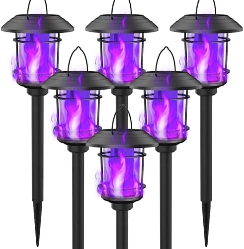 Dynaming 6 Pack Solar Flame Torch Lights Outdoor, Dual Use Flickering Purple Flame Garden Light, Hanging Lantern, Auto On/Off & Waterproof Halloween Lighting for Lawn Patio Yard Walkway Driveway by Dynaming