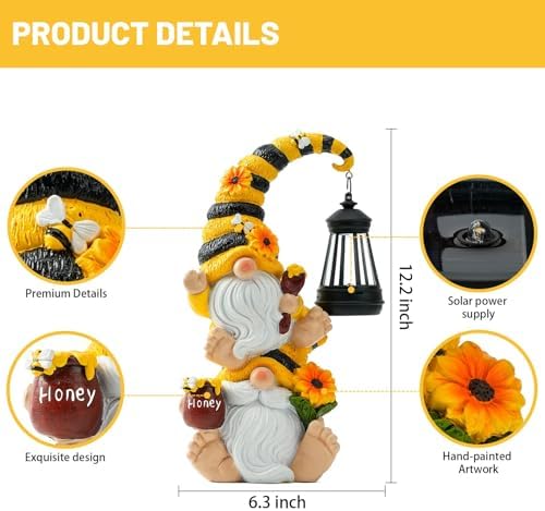 Solar Bee Garden Gnomes with LED Lantern, 12.2-Inch Outdoor Statue - Image 4