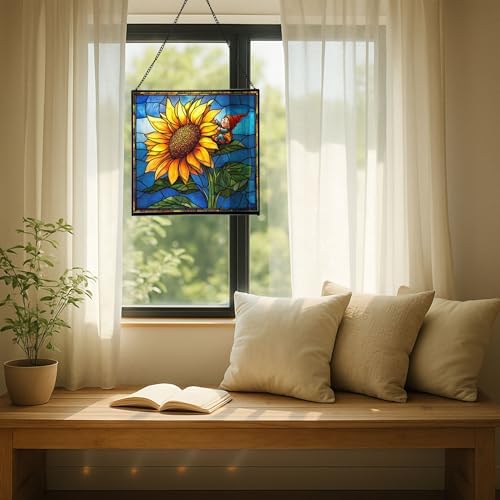 Sunflower Climb Gnome Stained Glass Suncatcher – Square Hanging Window Panel for Home or Greenhouse – Whimsical Glass Art Gift for Garden Lovers, Christmas, Halloween, Father Days 6Bzlqz - Image 7