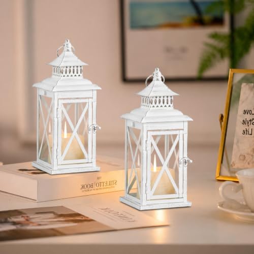 Lantern Decorative Indoor & Outdoor, 2 PCS 14.8''H Large Square Hanging Spring Home Decor, Vintage Metal Decorative Candle Lanterns for Outdoor Patio Wedding Party (White with Black Brush) - Image 2