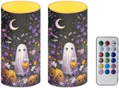 Floral Pumpkin Ghost Battery Operated Candles with Timers Halloween Flameless Candles with Remote LED Real Wax Relistic Lights for Trick or Treat Party Banquet Decoration by Merkmak