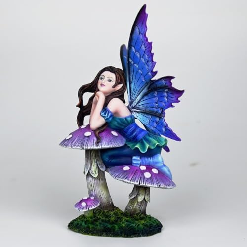 Fantasy Mushroom Fairy Figurine, 6.1 Inch Blue-Purple Gradient Elf Statue, Hand-Painted Resin Decor with 3D Mushroom Base for Fairy Garden, Desk, Living Room Display by Unknown