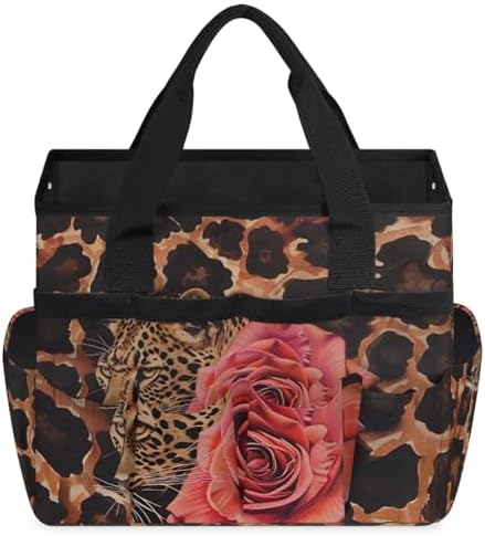 Leopard Rose Garden Tool Bag, Garden Tote Storage Bag with 10 Pockets, Indoor and Outdoor Leopard Print Gardening Tool Organizer for Women Men - Image 2