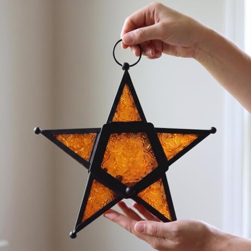 VELA LANTERNS Set of 2 Decorative Hanging Star Candle Lanterns – Moroccan Style Amber Glass & Metal Tealight Holders for Indoor, Outdoor, Patio, and Home Decor - Image 4