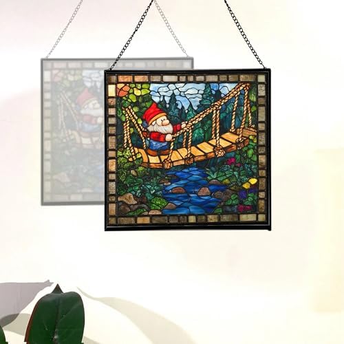 Gnome with Rope Bridge Stained Glass Suncatcher – Square Hanging Window Panel for Home, Garden, Nursery, Halloween, Christmas, Memorial Day – Whimsical Glass Art Gift for Gnome Lovers s5xfyb - Image 4