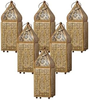 Serene Spaces Living Moroccan Lightweight Thin Gold Ornate Candle Lantern, Antique Gold Lantern, Decorative Candle Holders, Indian Wedding, Eid, Ramadan, 2.75" Diameter & 8.5" Tall, Pack of 6 by SereneSpacesLiving