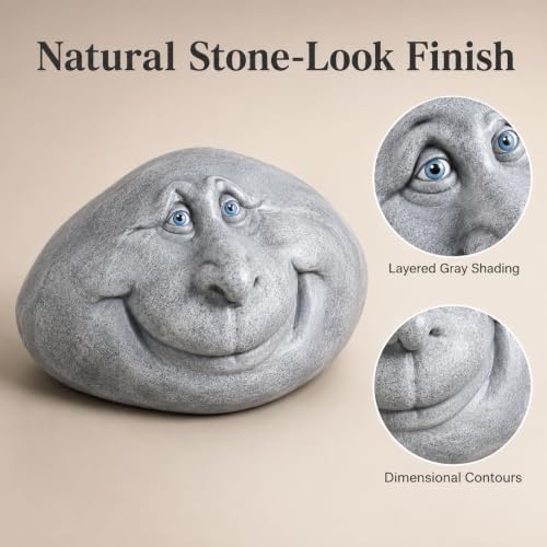 Funny Rock Garden Statue, Gray Stone-Look with Blue Eyes and Wide Grin - Image 3