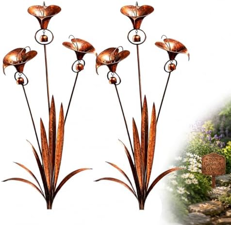 Flamed Copper Three Calla Lilies Garden Stake with Bells, 24 Inch Metal Flower Yard Art Decor, Handmade Rain Catcher Sculpture, Rustic Wind Chime Ornament for Patio Lawn Backyard Gift Idea by Unknown