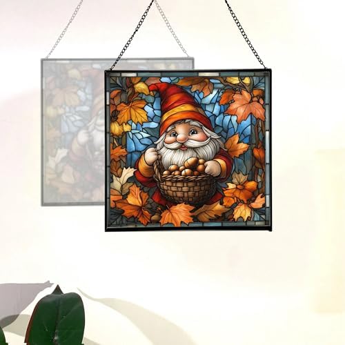 Gnome with Acorn Basket Stained Glass Suncatcher – Square Hanging Window Panel for Home or Greenhouse – Whimsical Glass Art Gift for Garden Lovers, Christmas, Halloween, Father Days hZKufe - Image 4
