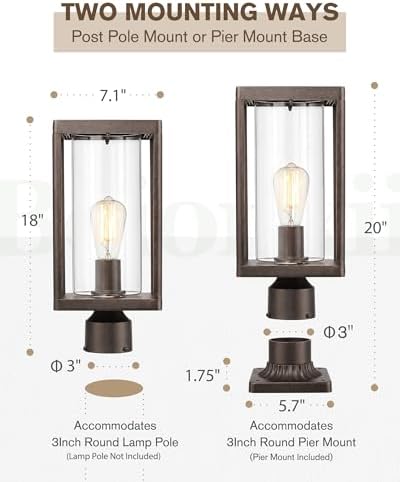 Beionxii Outdoor Post Lights, 20In Post Lantern with Pier Mount Base,Bronze - Image 3