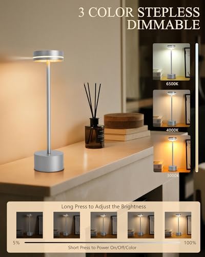 2 Pack LED Cordless Table Lamp Rechargeable, 5000mAh Portable Battery Operated LED Desk Lamp, 3 Color Dimmable Table Light for Reading/Home Office/Dining/Nightstand for Home Décor – Silver - Image 3