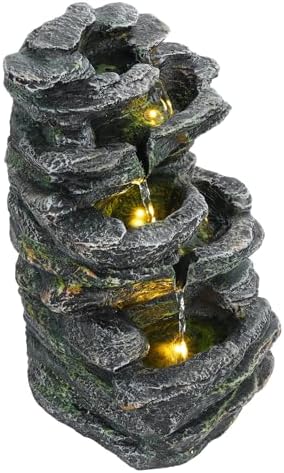 6-Tier Cascading Rock Water Fountain, with LED Warm Light, Outside Patio Water Features Fountain, Garden Waterfall Decor for Patio, Backyard, Porch and Home Art Decor (Cascading Rock Water Fountain) by UDIYO