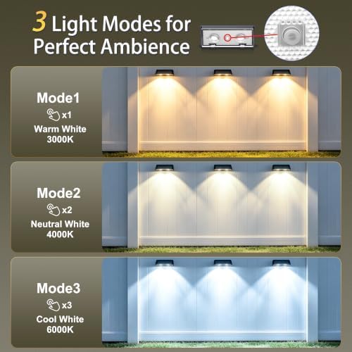 Solar Fence Lights Outdoor,18-20H,3000/4000/6000K 3 Mode,Warm White,8 Pack - Image 2
