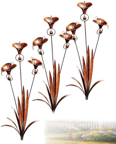 Copper Flamed Three Calla Lilies Garden Stake with Bells, Decorative Metal Stakes 24 Inch Handmade Whimsical Flower Rain Catcherflower Yard Art Decor Chime Rustic Yards Ornament Gift(3pcs) by Unknown