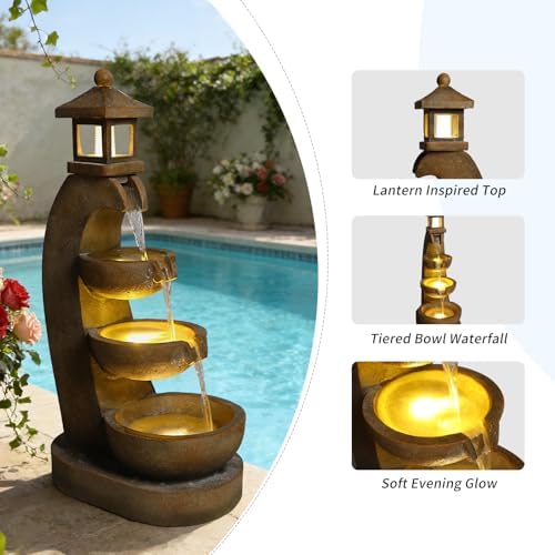 35.4" Outdoor Water Fountain, 3 Tier Bowl Cascading Freestanding Water Fountain, Outdoor Fountain with LED Lights, Lantern Style Garden Water Feature, Suitable for Patio Yard Porch, Brown - Image 5
