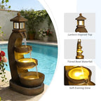 35.4" Outdoor Water Fountain, 3 Tier Bowl Cascading Freestanding Water Fountain, Outdoor Fountain with LED Lights, Lantern Style Garden Water Feature, Suitable for Patio Yard Porch, Brown - Image 5
