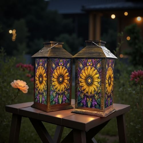 Stained Glass Style Solar Lantern Outdoor Garden Hanging Lantern Sunflower Stained Glass Window Spring Colored Mosaic Waterproof Solar Powered Lighting Outside Table Lamp for Patio Deck Yard - Image 6