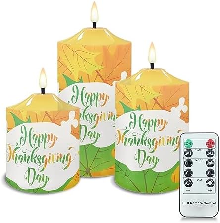 Cozeyat Flickering Flameless Electric Candles with Remote 3 Pieces, Autumn Maple Leaf Print LED Candles Battery Operated, Realistic Wax Pillar Tealights for Thanksgiving Day Decor by Cozeyat