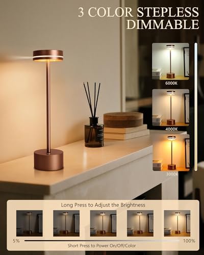 2 Pack LED Cordless Table Lamp Rechargeable, 5000mAh Portable Battery Operated LED Desk Lamp, 3 Color Dimmable Table Light for Home Office/Dining/Nightstand for Home Décor – Reddish Brown - Image 3