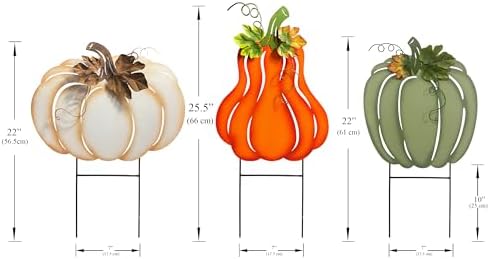 Fall Harvest Metal Pumpkin Garden Stakes, Set of 3, Orange White Green, Autumn Yard Decor - Image 3