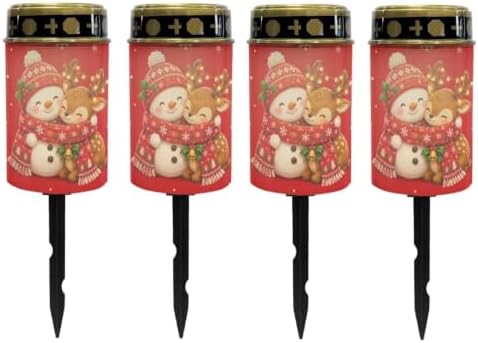 Poceacles Outdoor Solar Powered Cemetery Lights Grave Outdoor Stake Lights Garden Solar Lantern Flameless Candles Christmas Garden Decoration, Cute Reindeer Snowman Red, Pack of 4 by Poceacles
