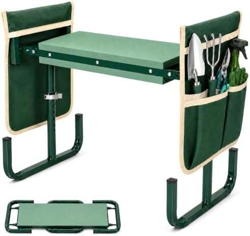 Garden Kneeler and Seat, 2-in-1 Folding Gardening Stool with 5 Adjustable Heights, 660 lbs Heavy Duty Steel Frame and 2 Tool Pouches by Icreopro