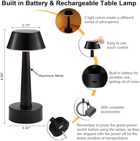 2 Pack Small Cordless Table Lamp for Restaurant, Black Metal Lamp - Image 6