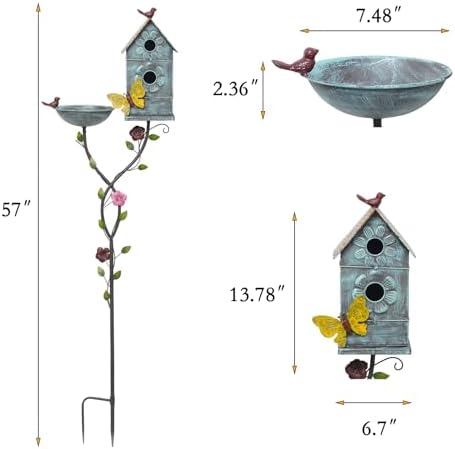 57" H Metal Bird Bath Bowl and Bird House 2-in-1 Design for Outdoors, Garden Yard Decor - Image 5