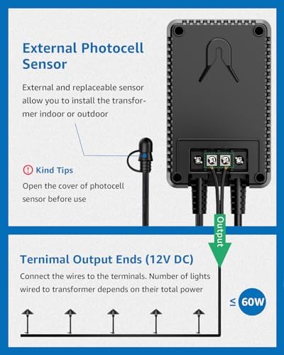 SUNVIE 60W Low Voltage Landscape Transformer with Timer and Photocell Sensor, 120V AC to 12V DC Landscape Lighting Transformer Weatherproof Low Voltage Transformer for Landscape Lights Pathway Lights - Image 5