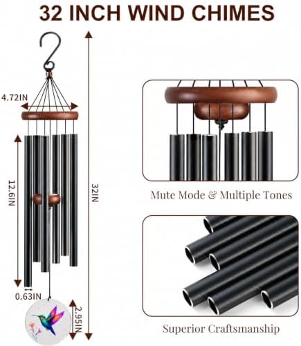 Hummingbird Wind Chimes for Outside, Deep Tone Outdoor Wind Chime with Colorful Wind Catcher, 6 Aluminum Tubes, Garden Porch Patio Decor, Memorial & Birthday Gift - Image 2